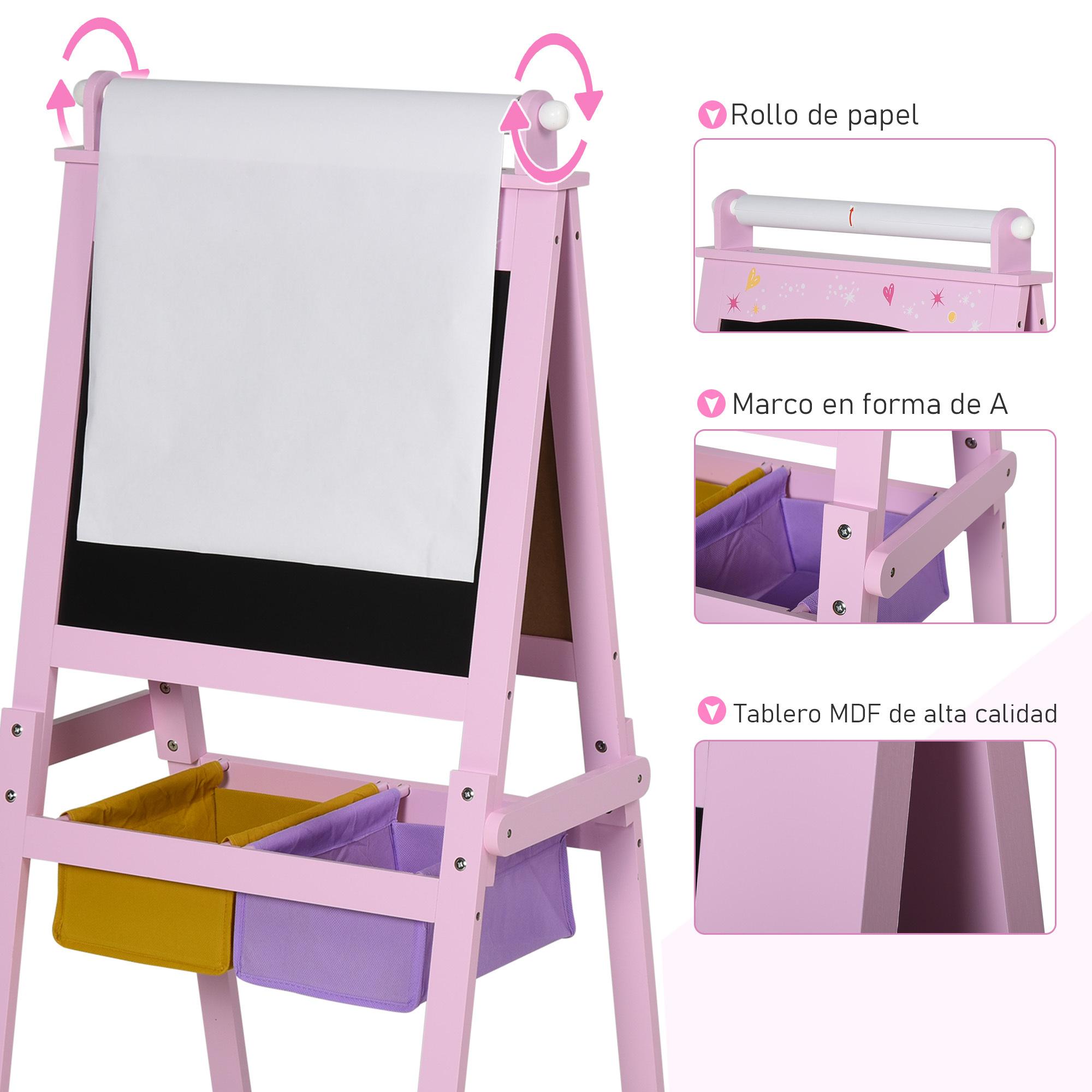 Pizarra Infantil Caballete 3 en 1 Pizarra de Doble Cara Caballete para Niños de +3 Años con Rollo de Papel y 2 Cestas de Almacenamiento 58,5x50,5x118 cm Rosa