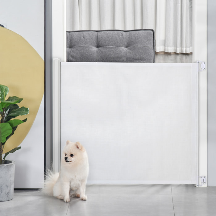 Barrera para Perros Retráctil Puerta para Perros Plegable con Ancho Ajustable 5,5-115 cm Barrera de Seguridad para Perros con Función Enrollado Automático y Asa para Escaleras y Puertas Blanco