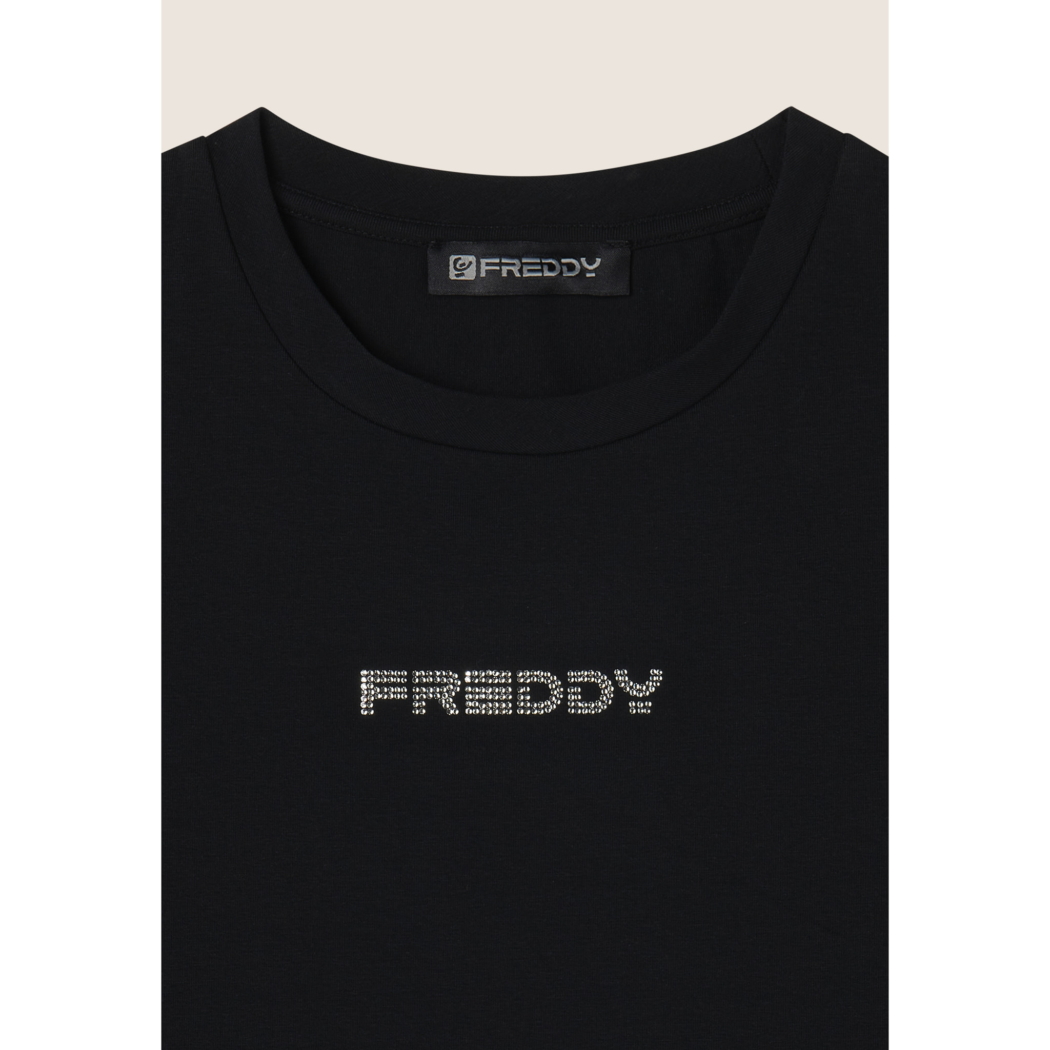 Body senza maniche in jersey stretch con logo strass