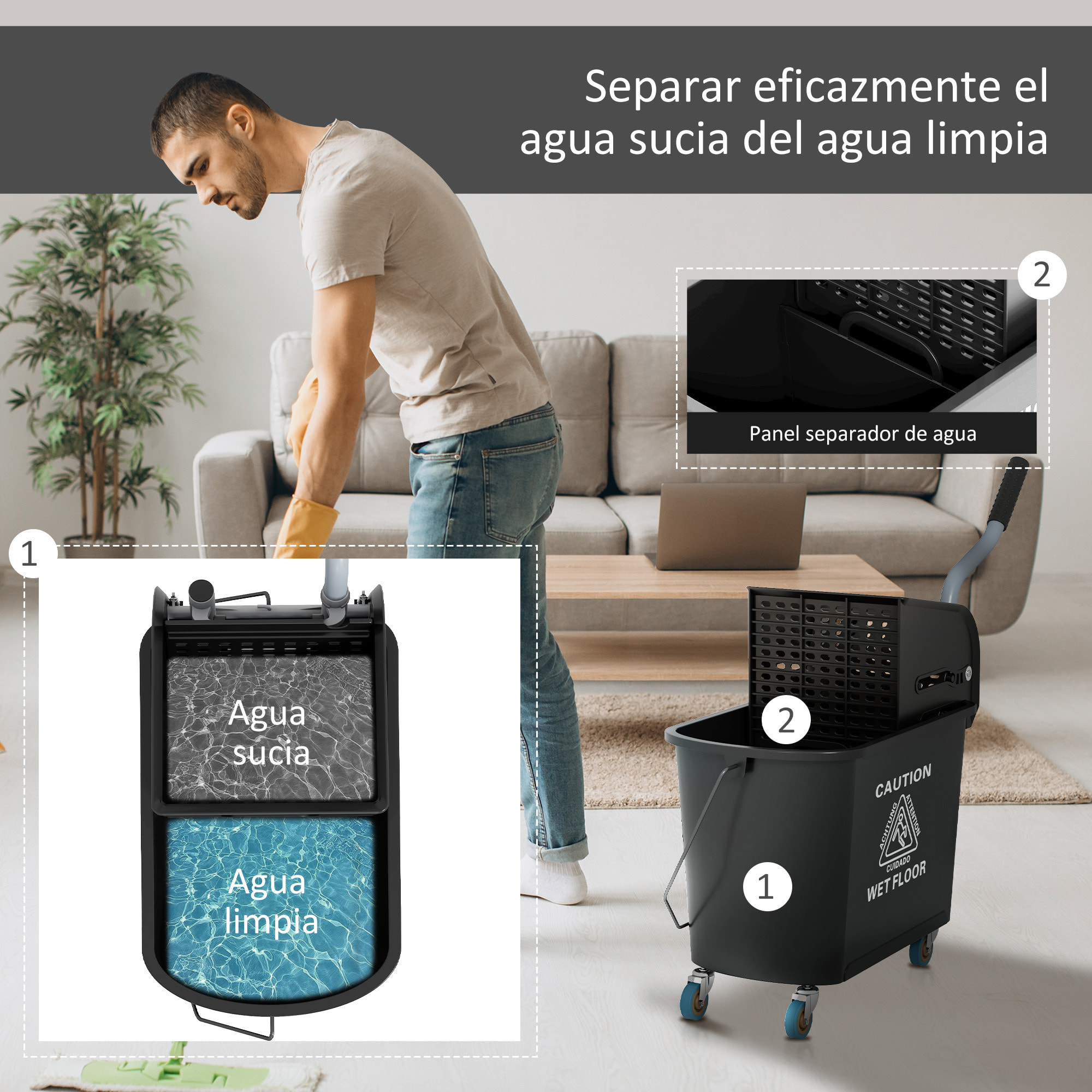 Cubo de Fregona con Ruedas Capacidad de 20 L Cubo de Fregar con Sistema de Escurridor Ruedas y Asa de Transporte para Doméstico y Comercial Negro