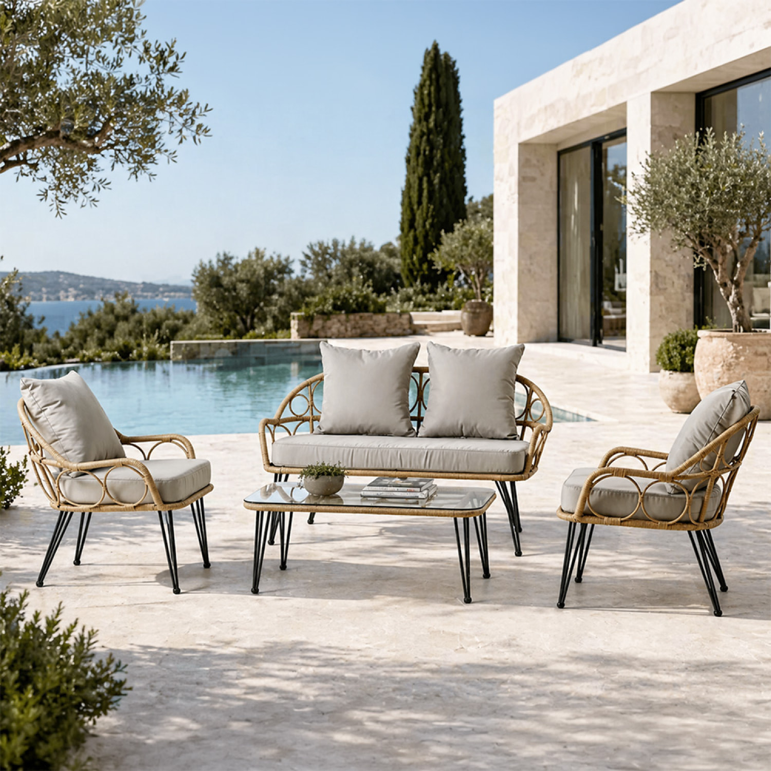Salon de jardin 4 places avec table basse effet rotin naturel ALMADA