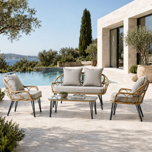 Salon de jardin 4 places avec table basse effet rotin naturel ALMADA
