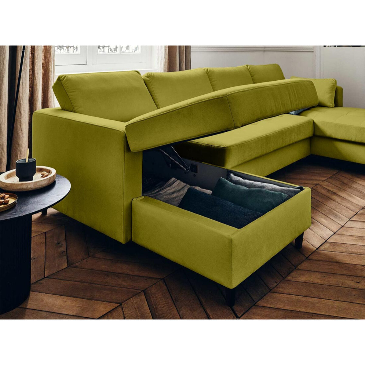 Anna - canapé panoramique en U - 7 places - convertible avec coffre - en velours - Vert Olive