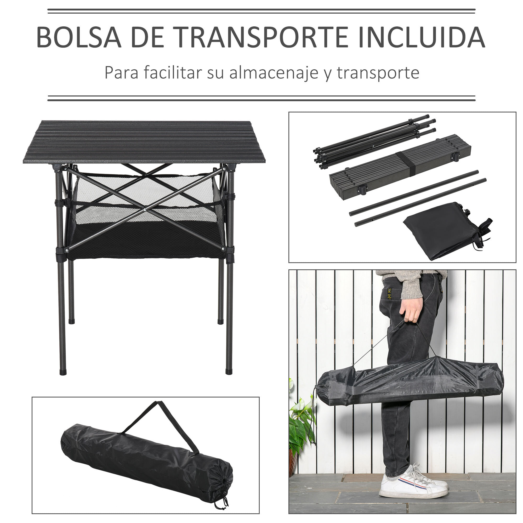 Mesa de Camping Plegable con Almacenaje de Malla Bolsa de Transporte 70x70x69 cm