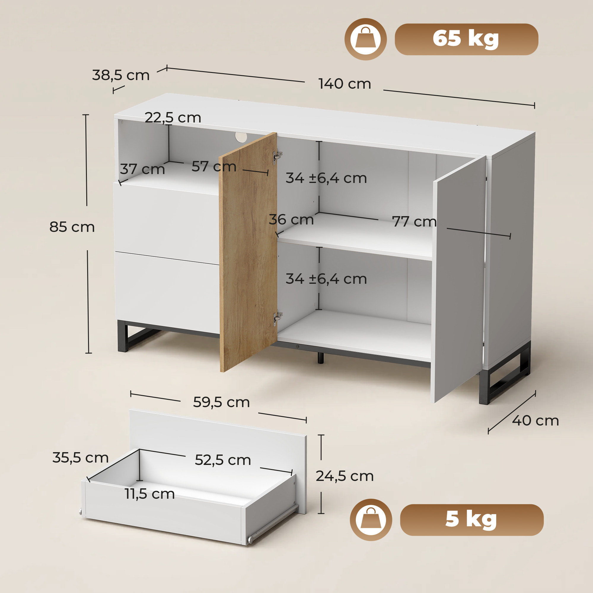 Aparador de 2 Puertas, Aparador de Salón Estrecho con 2 Cajones, Compartimento Abierto, Armario de Cocina con Estante Ajustable, para Entrada, Dormitorio, 140x40x85 cm, Blanco y Roble