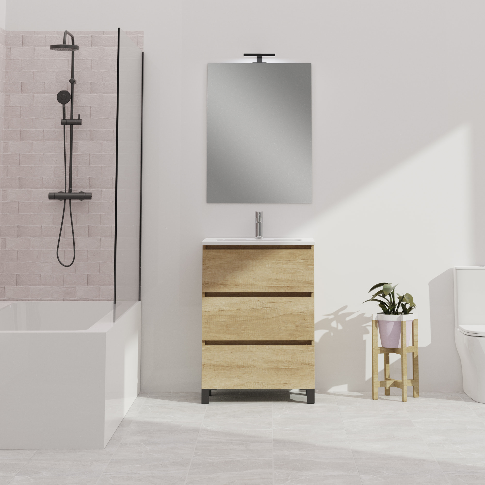 Conjunto de baño Wink | 70 cm Nature | Tres cajones | Lavabo encastrado | No incluye espejo | Mueble montado | Alday