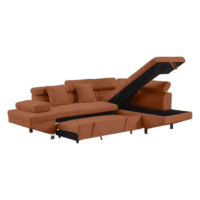 Margaux - Canapé d'angle droit 5 places convertible avec coffre et têtières réglables en velours texturé - Terracotta
