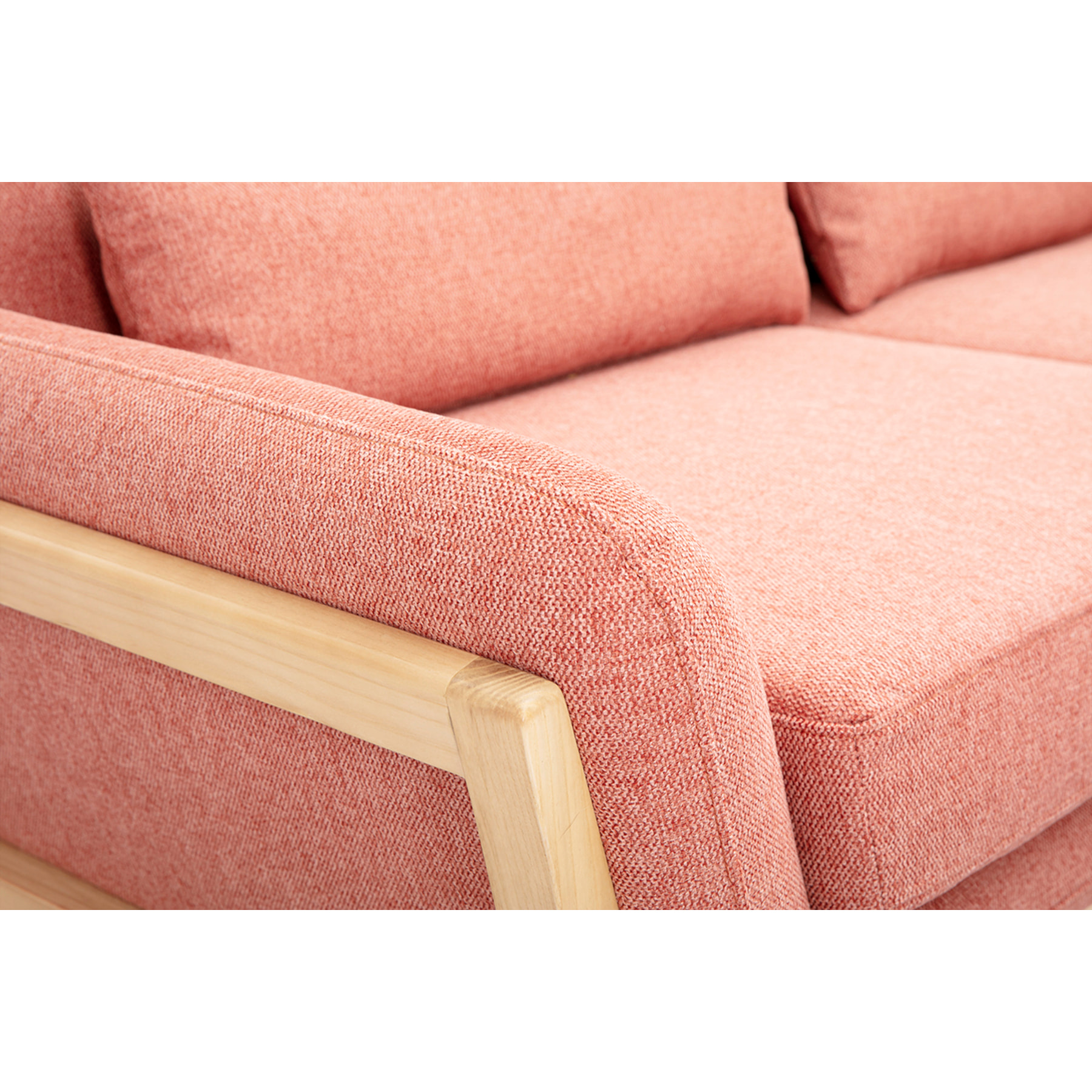 Canapé scandinave 3 places en tissu effet velours texturé terracotta et bois clair YOKO