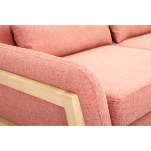 Canapé scandinave 3 places en tissu effet velours texturé terracotta et bois clair YOKO