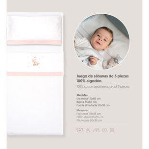 Triptico Minicuna Franela Estampado Oso Luna Estrellas Bco/Rosa