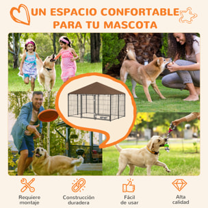 Perrera con Toldo Parque para Perros Metálica de Exterior con Soporte Giratorio para Comida 2 Cuencos para Patio Jardín Terraza 211x141x151 cm Negro