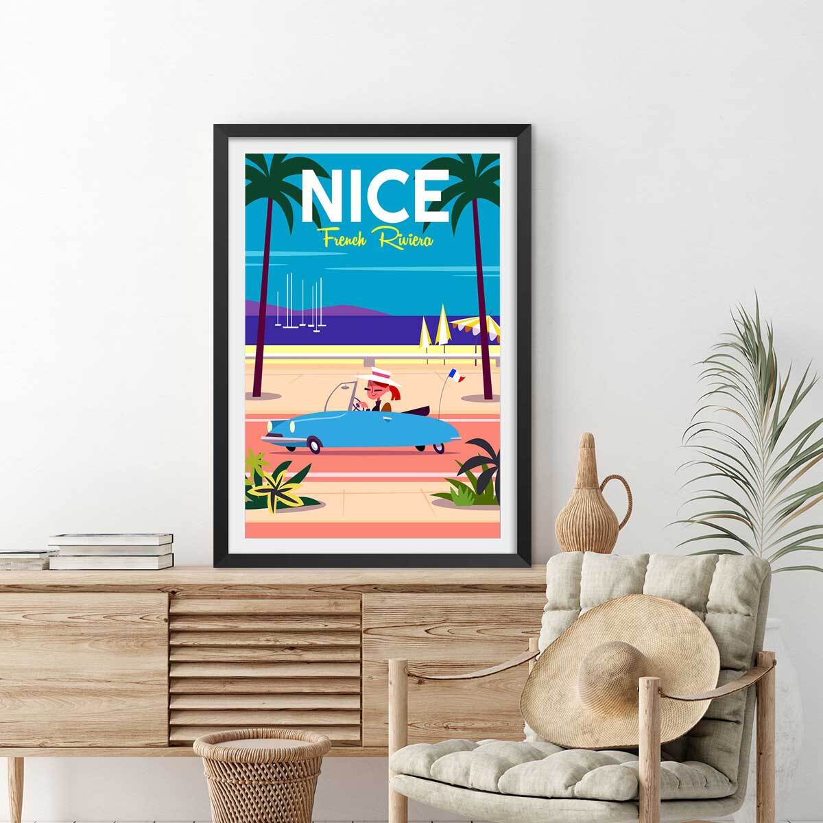 Poster nice promenade des anglais Affiche sous cadre noir