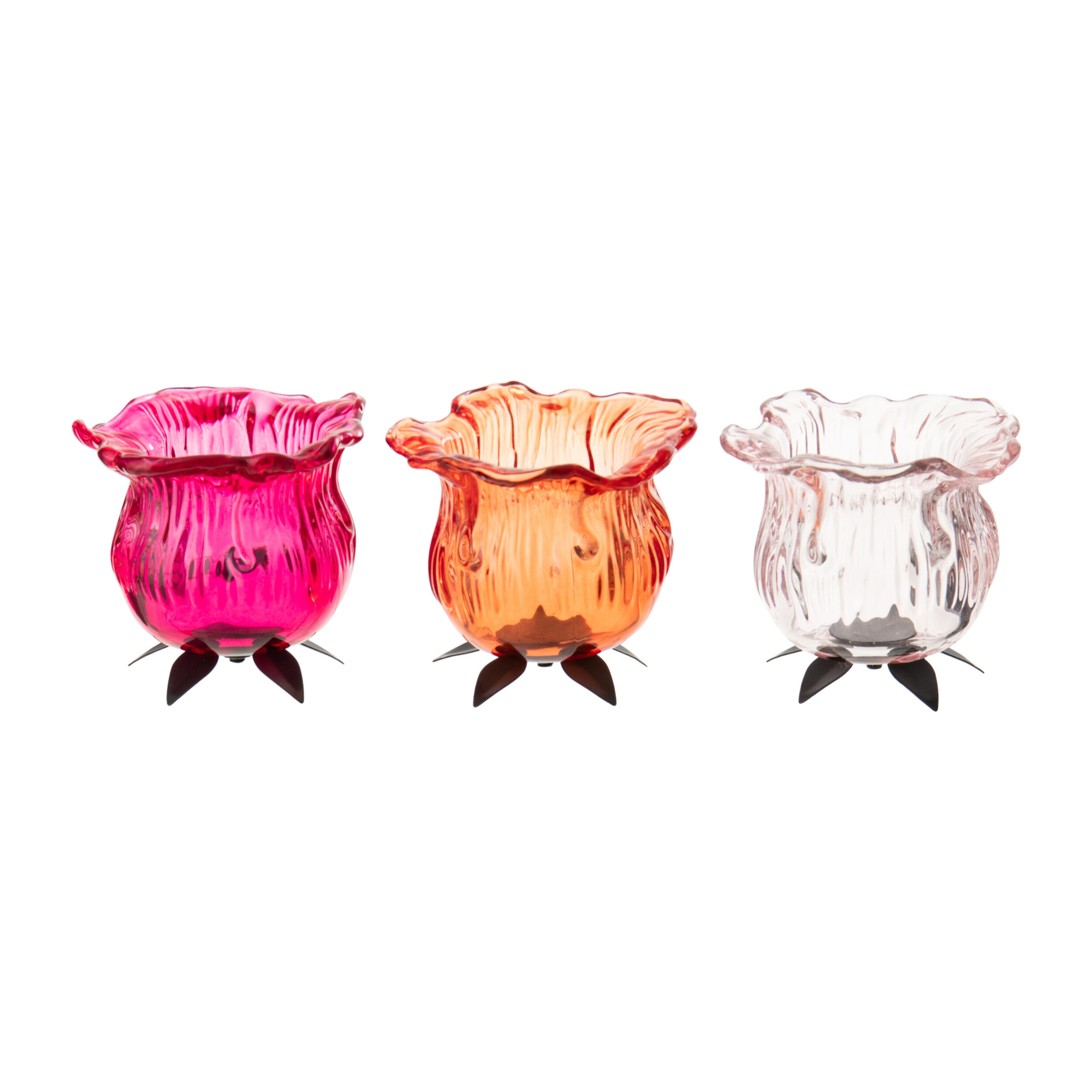J-Line Photophore Fleur - verre - orange/rose - 3 pièces
