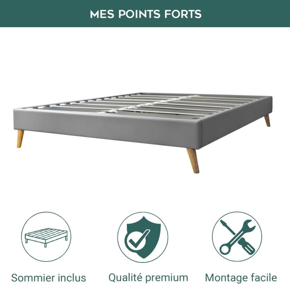 Sommier à lattes flexibles | Robuste et confortable | Cadre à lattes & pieds scandinaves | Simili cuir | Noir