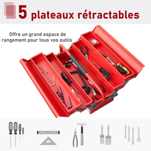 HOMCOM Boite à outils métallique - coffret à outils - caisse à outils 3 niveaux 5 plateaux rétractables - tôle acier rouge