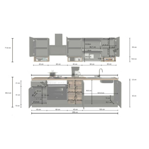 Cucina completa Dceccaron, Cucina pratica e salvaspazio, Parete da cucina con 8 ante e 1 cassetto, 100% Made in Italy, 255x60h85 cm, Bianco lucido e Rovere