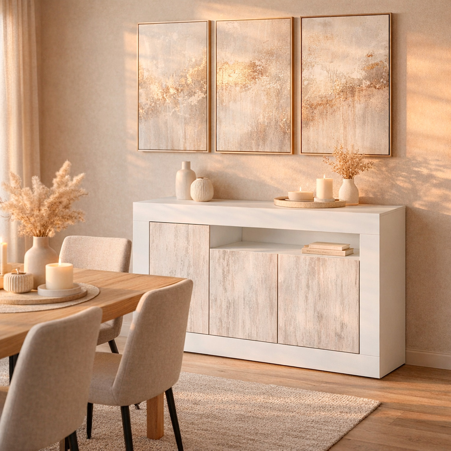 Credenza Moderna Madia A Terra Con 3 Ante Vano A Giorno E Ripiani Interni Mobile Contenitore Antigraffio 144x42x87 Cm Bianco Anticato e Bianco