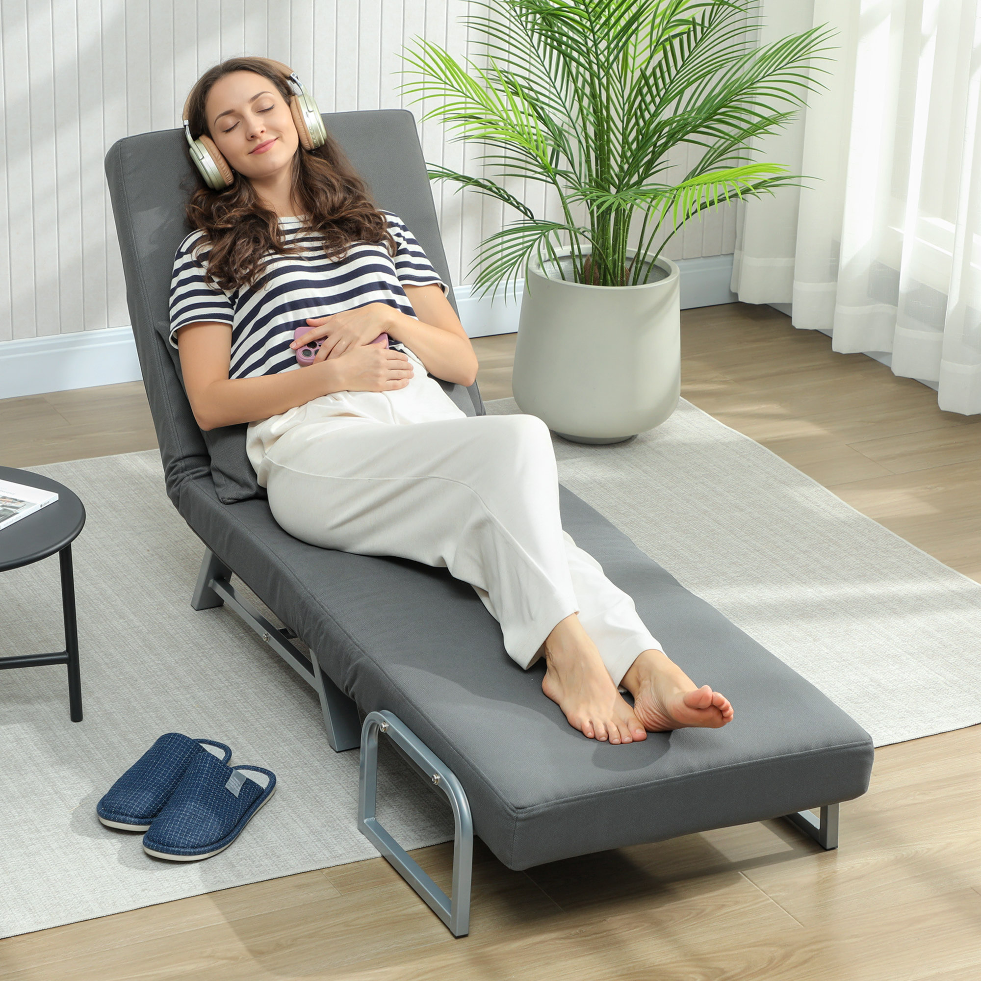 Sofá Cama de 1 Plaza 3 en 1, Sofá Cama Plegable Tapizado en Lino Sintético con Respaldo Ajustable de 5 Niveles y Almohada Acolchada, para Oficina, Dormitorio, Salón, 73x78x81 cm, Gris Oscuro