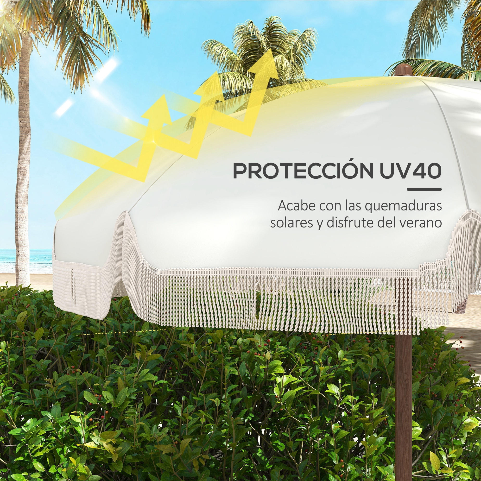 Sombrilla de Playa con Flecos Ø190x210 cm Parasol para Terraza con 8 Varillas Apertura Manual Anti-UV Impermeable y Bolsa de Transporte para Jardín Piscina Crema