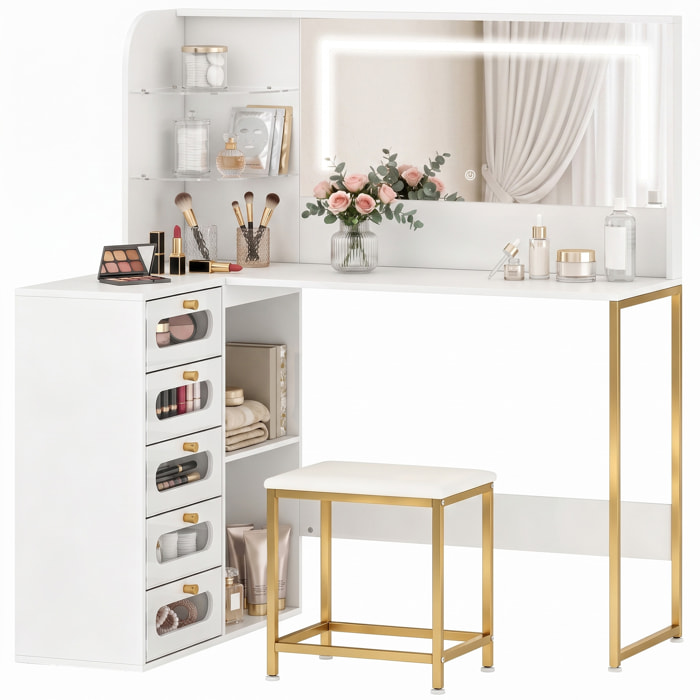 Tocador de Maquillaje con Espejo y Luces LED Regulables, Tocador con Taburete Acolchado, 2 Colores de Luz, 5 Cajones, 2 Compartimentos Abiertos y 2 Estantes de Cristal, para Dormitorio, Blanco