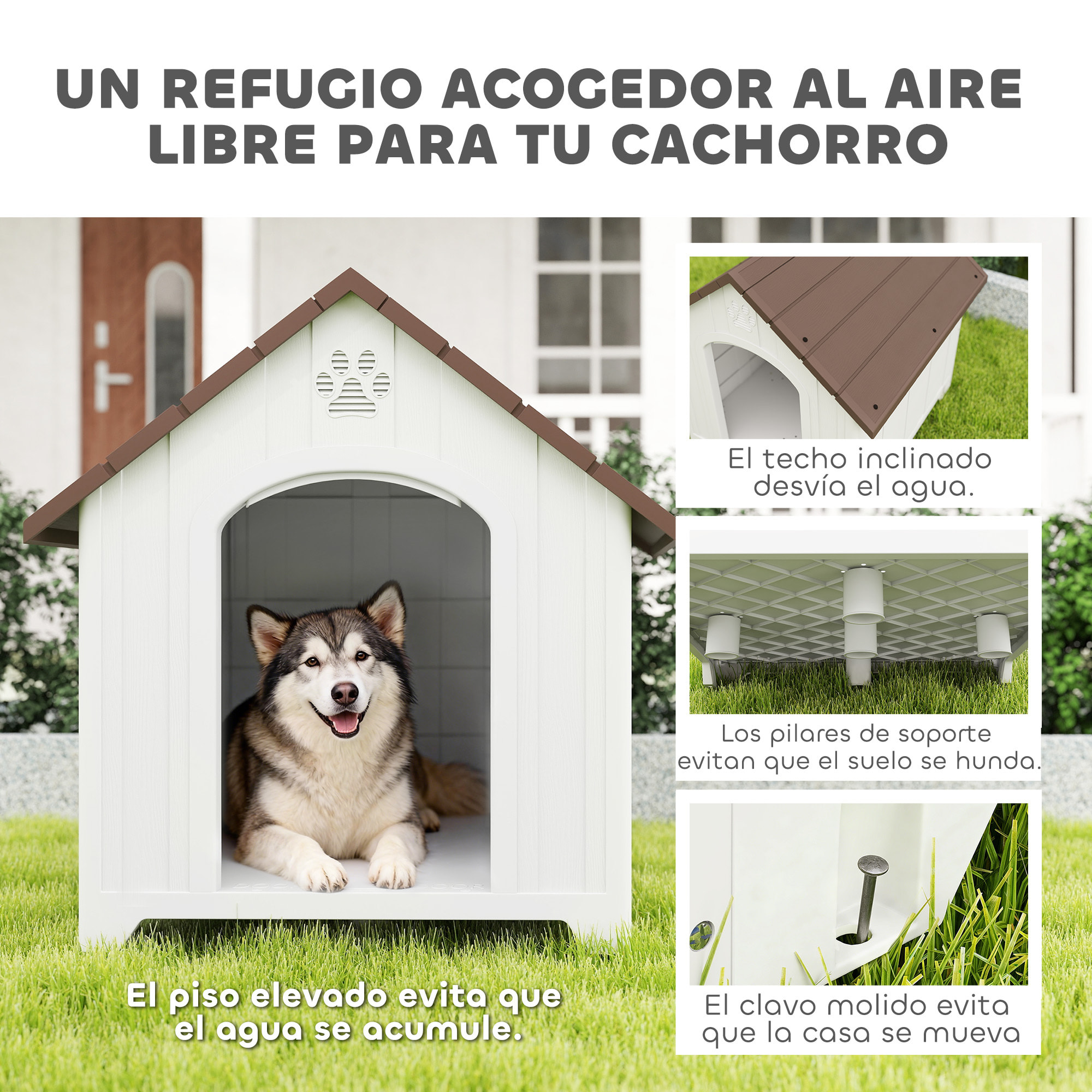 Caseta para Perros Exterior, Casa para Perros Extragrandes de Plástico Impermeable con 2 Ventanas, Base Elevada, Estacas, Fácil de Montar, 102x94x103 cm, Marrón Oscuro
