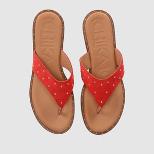 Sandalias de Serraje - Rojo - Tacón: Bajo