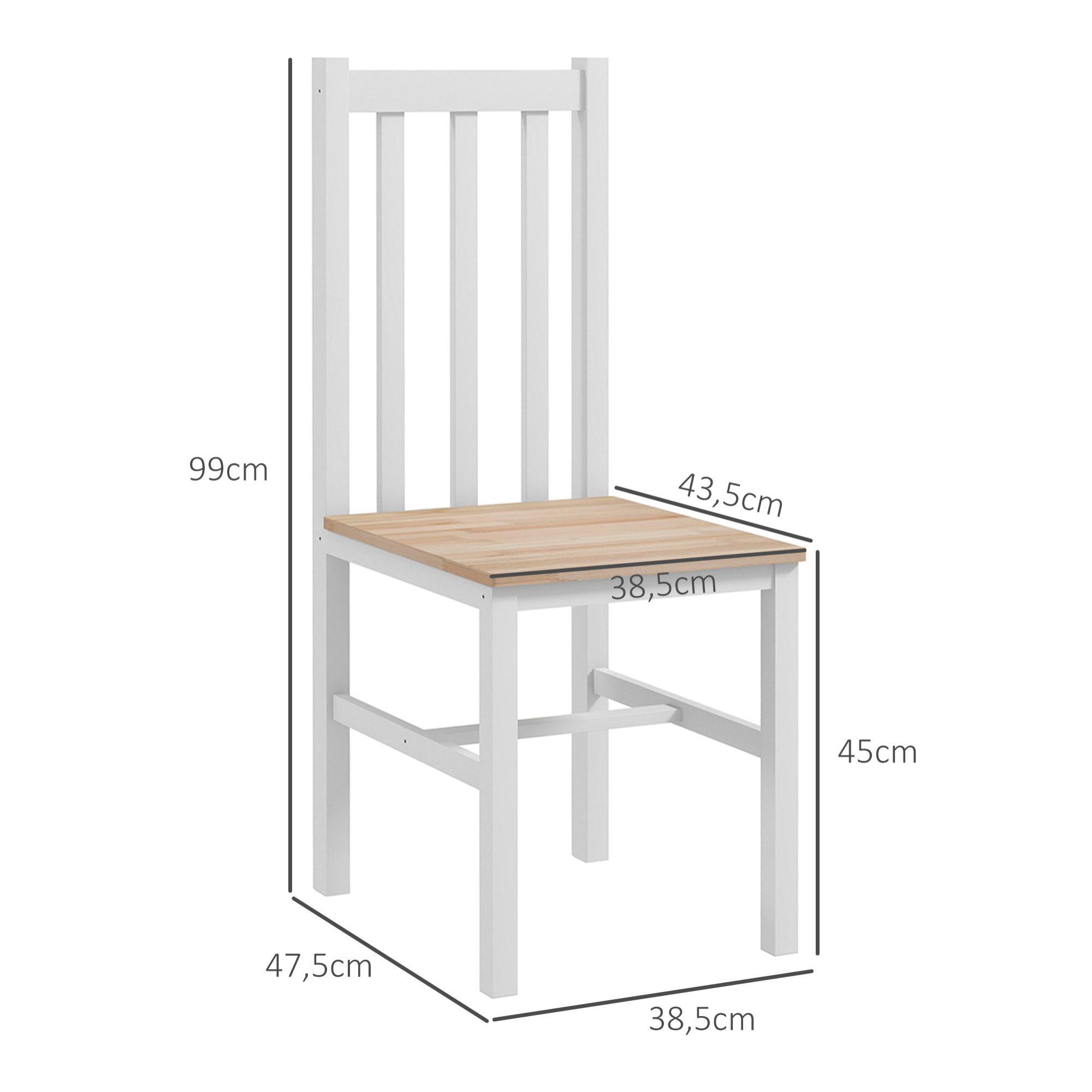 Juego de 2 Sillas de Comedor Silla de Cocina con Respaldo de Listones Marco de Madera de Pino para Sala de Estar y Comedor Carga 120 kg 38,5x47,5x99 cm Blanco