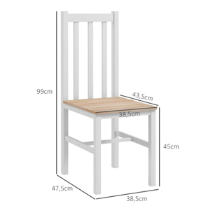 Juego de 2 Sillas de Comedor Silla de Cocina con Respaldo de Listones Marco de Madera de Pino para Sala de Estar y Comedor Carga 120 kg 38,5x47,5x99 cm Blanco