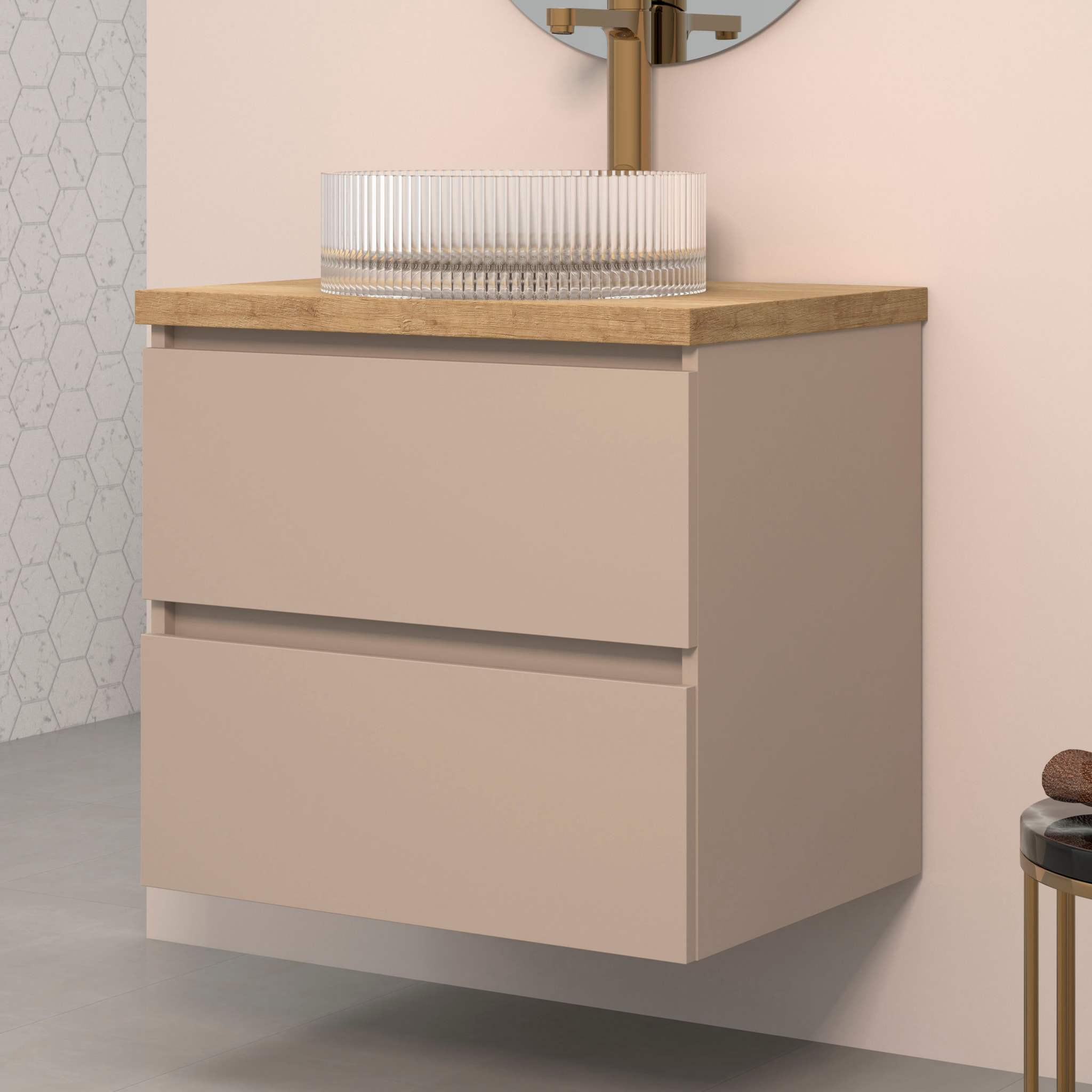 Conjunto de Baño Kub | 60 cm Visón | Dos Cajones | Lavabo de Cristal | No incluye Espejo | Mueble Montado | Alday