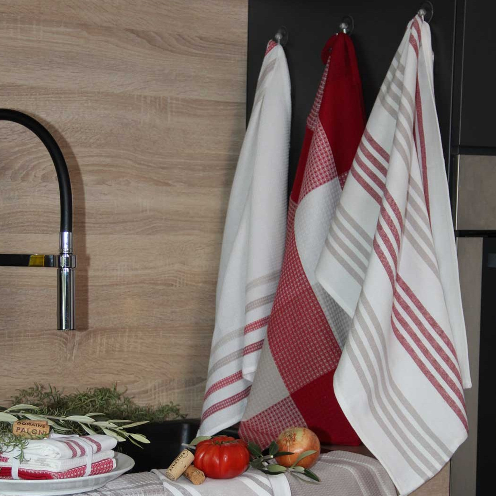 Set de 3 torchons cuisine  coton 50x70 cm - Rouge