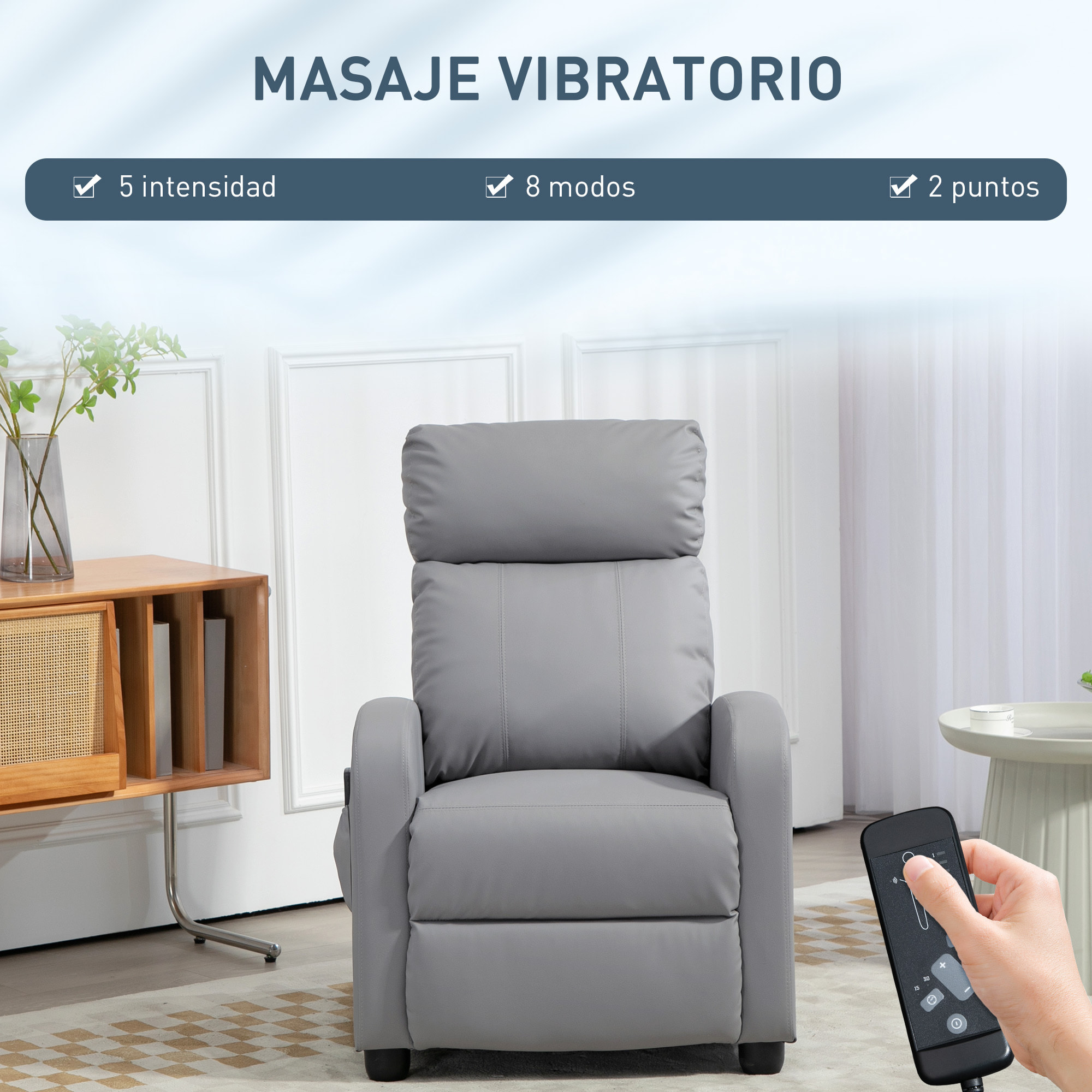 Sillón de Masaje Sillón Relax Reclinable con Mando a Distancia 2 Zonas de Masaje 8 Programas 5 Niveles de Intensidad 1 Bolsillo Lateral y Temporizador Tapizado en PU 68x88x98 cm Gris Claro