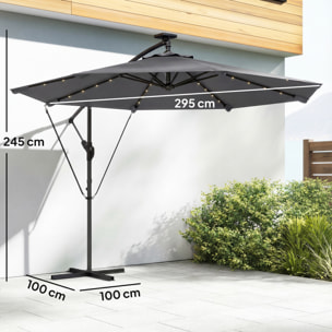 Parasol Excéntrico con Luces LED Solares, Ø330 cm, Sombrilla de Jardín con Base Cruzada, Manivela, Funda Protectora y Cuerda de Viento, Anti-UV 50+, para Terraza, Patio, Gris Oscuro