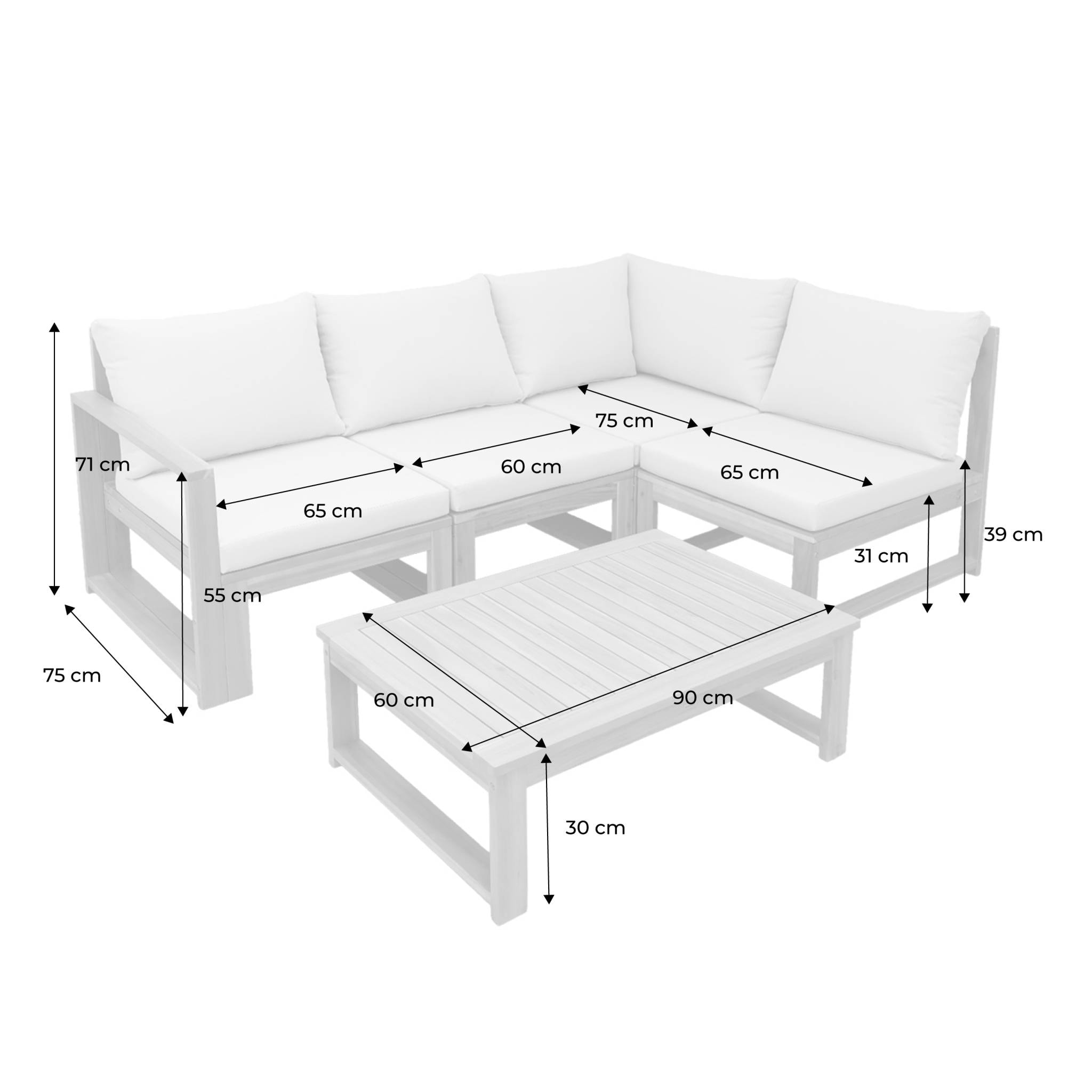 Salon de jardin modulable bois d'acacia 4 places TULA