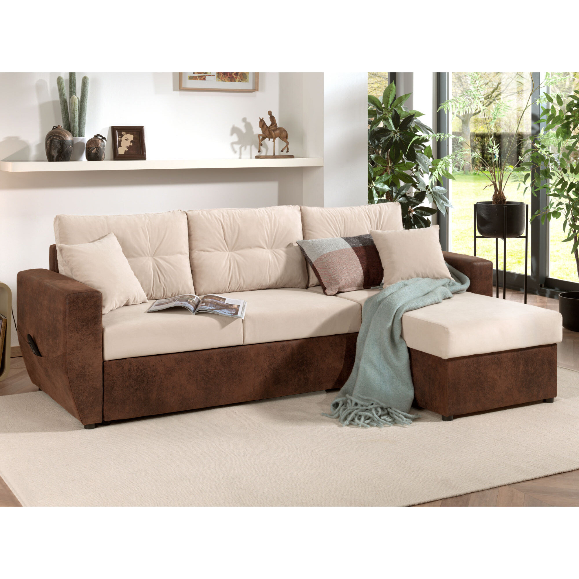 Astoria - canapé d'angle réversible - convertible avec coffre - velours et microfibre - 4 places - Marron / Beige