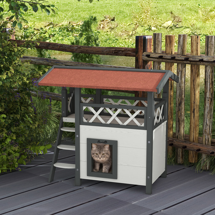 Maison lodge pour chat - niche villa avec terrasse, escalier, toit - bois sapin gris blanc toit bitumé rouge