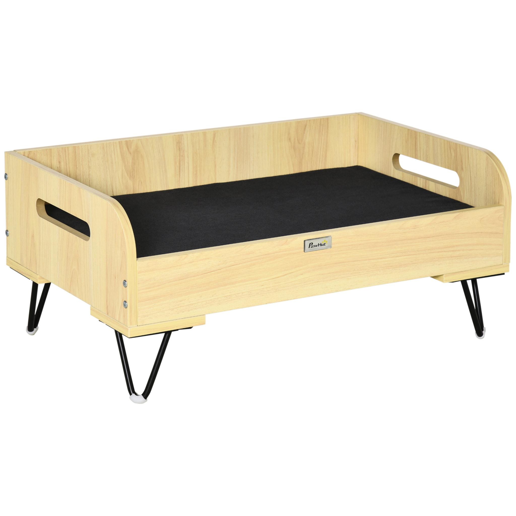 Cama de Madera para Perros Gatos Cama Cesta para Mascotas Pequeñas con Cojín Acolchado Asas y Patas de Acero 70x45x32 cm Roble y Negro