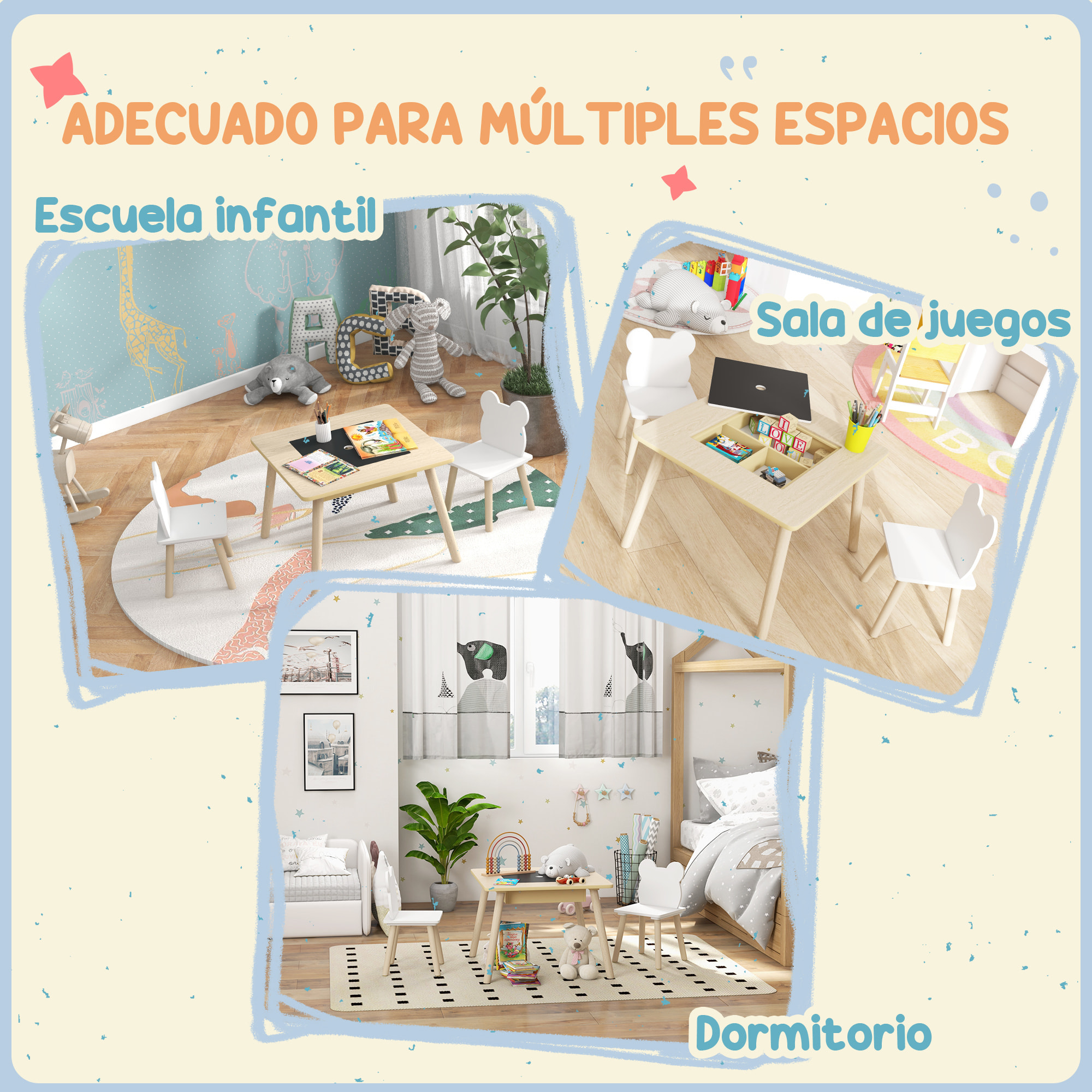 Juego de Mesa y 2 Sillas Infantiles de Madera, Mesa Infantil con Sillas, con Pizarra, Respaldo en Forma de Osito y Compartimentos, para Niños, para Guardería, Dormitorio, Natural y Blanco