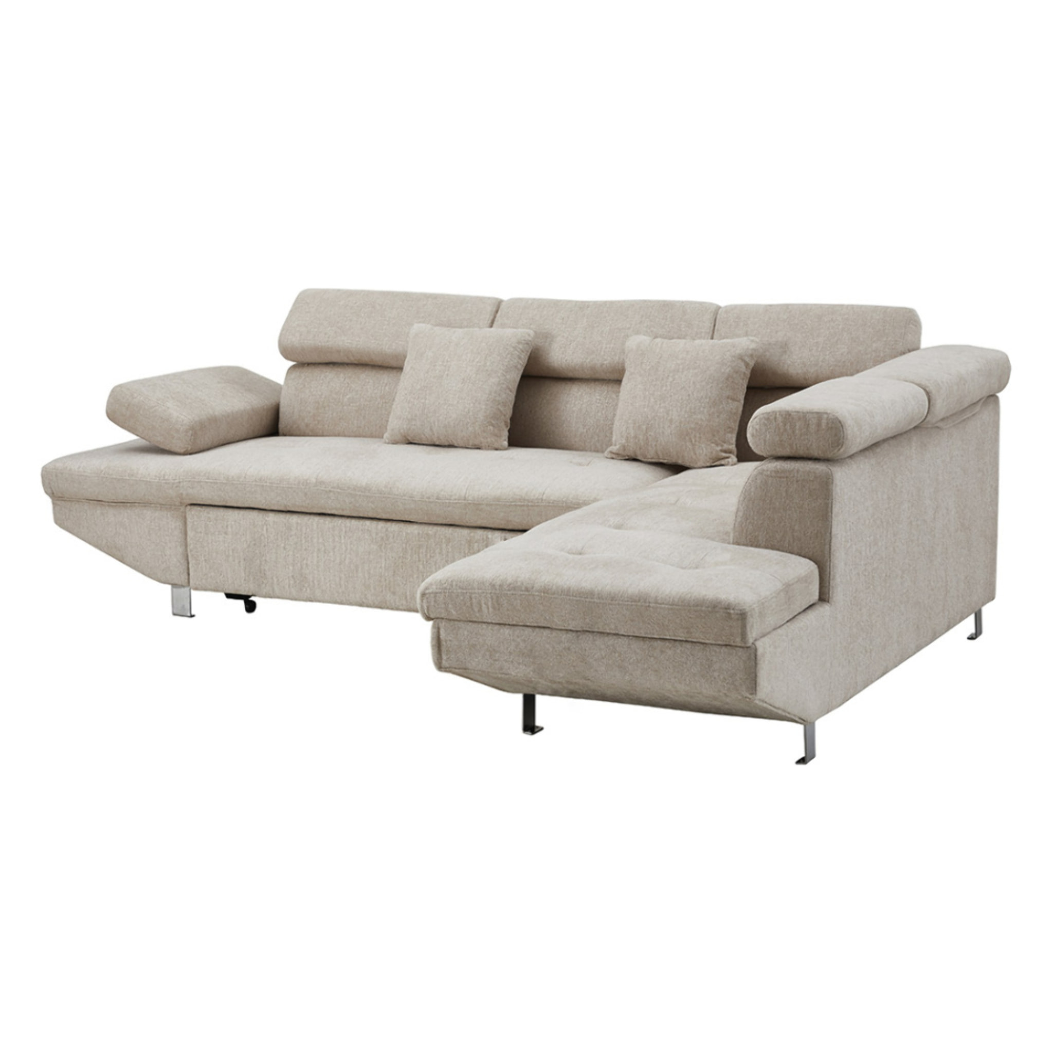Margaux - Canapé d'angle droit 5 places convertible avec coffre et têtières réglables en velours texturé - Beige
