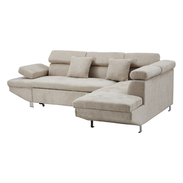 Margaux - Canapé d'angle droit 5 places convertible avec coffre et têtières réglables en velours texturé - Beige