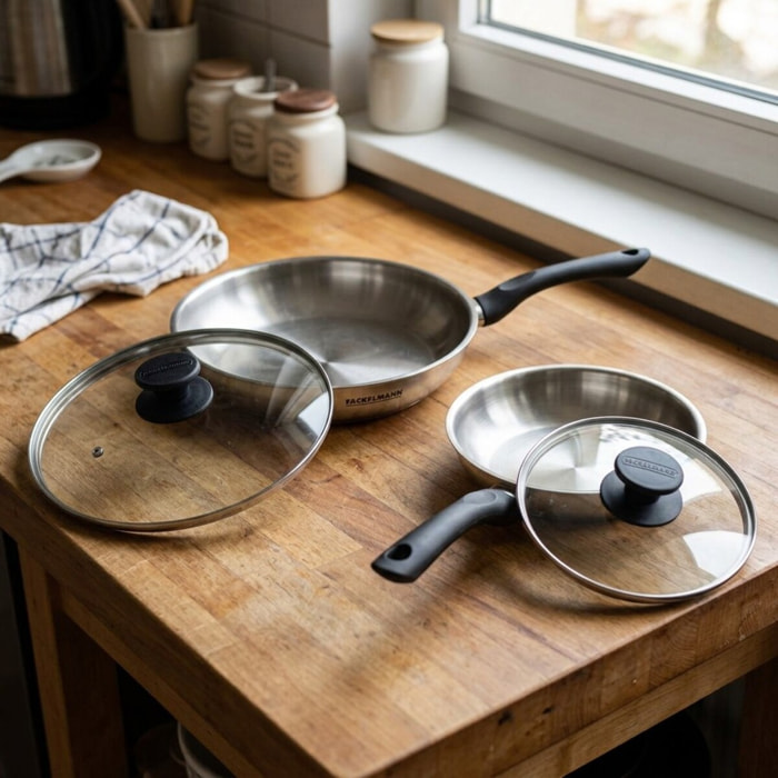 Set 2 poêles en inox et couvercles verres Fackelmann Geneva