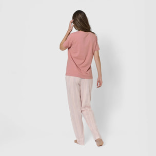 Pigiama lungo di cotone, maniche corte, scollo a v, a righe rosa