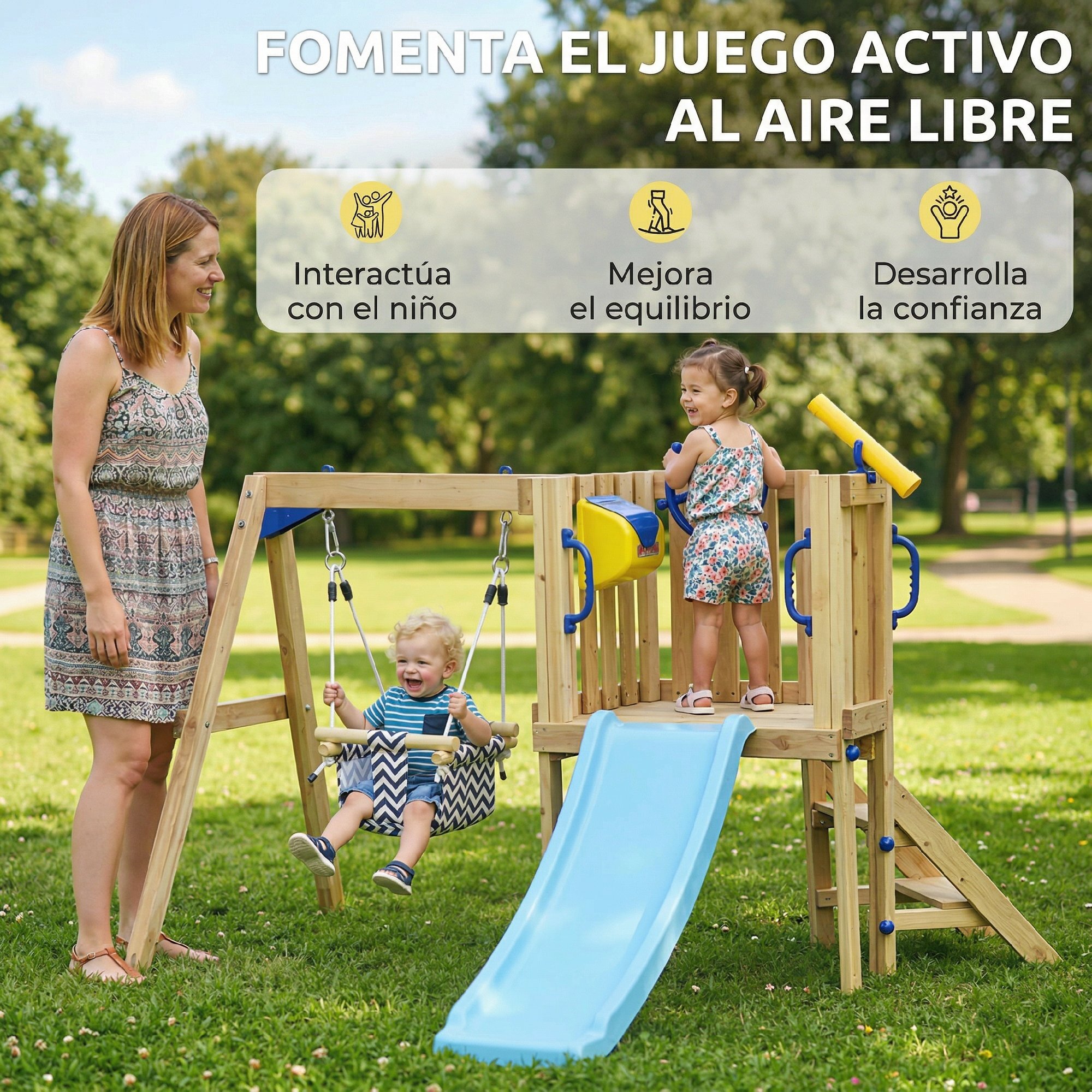 Columpio y Tobogán Infantil Exterior, Parque Infantil Exterior de Madera con Columpio, Tobogán, Volante, Telescopio, para Niños de 18-48 Meses, para Patio, Césped, Natural