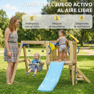 Columpio y Tobogán Infantil Exterior, Parque Infantil Exterior de Madera con Columpio, Tobogán, Volante, Telescopio, para Niños de 18-48 Meses, para Patio, Césped, Natural