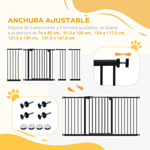 Barrera de Seguridad Extensible para Puertas y Escaleras Barrera para Perros con Cierre Automático y Sistema de Doble Bloqueo Metal 74-147,5x76,2 cm Negro