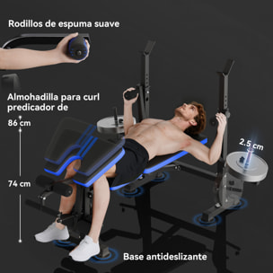 Banco de Musculación Multifuncional, Banco de Pesas con Respaldo Ajustable, Soporte para Barras Regulable, Extensión de Piernas, Curl de Predicador, Mariposa, Entrenamiento Casa Gimnasio, Azul