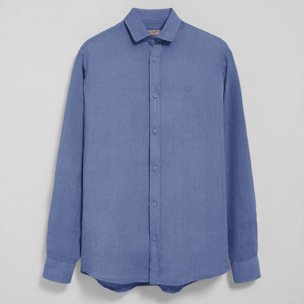 Camisa azul royal de lino garment dye con monograma bordado