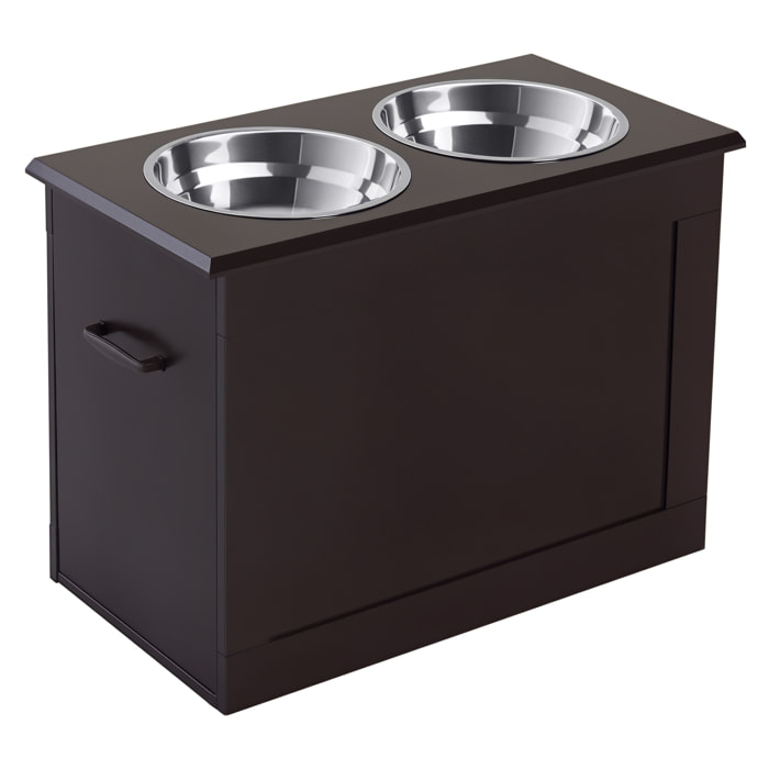 Comedero Perro Elevado con 2 Cuencos de Acero Inoxidable 2x2000 ml Comedero Elevado para Perros Grandes con Tapa Abatible y Almacenamiento Oculto Marrón Oscuro