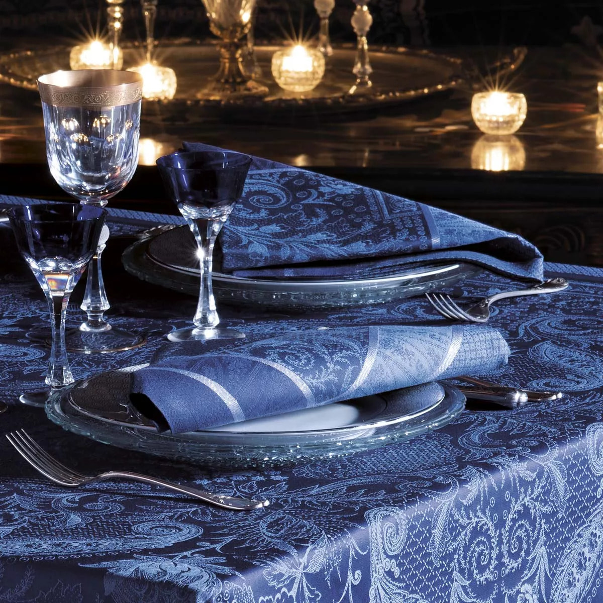 Serviette coton mélangé motif jacquard bleu Persina crepuscule