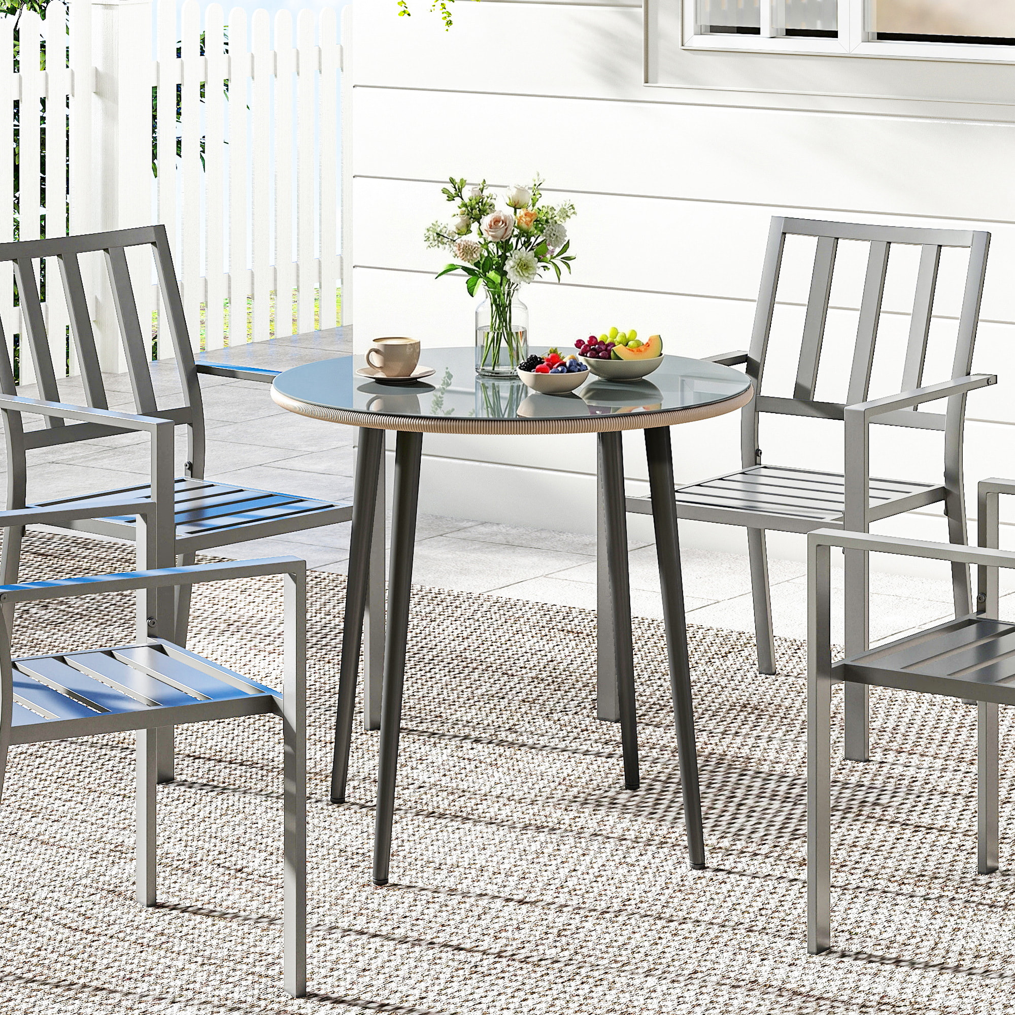 Mesa de Comedor de Jardín Redonda, Mesa de Terraza Exterior 80x80x74 cm, con Tablero de Vidrio Templado con Borde de Ratán, Estructura de Acero, Carga 50 kg, para Patio, Balcón, Gris