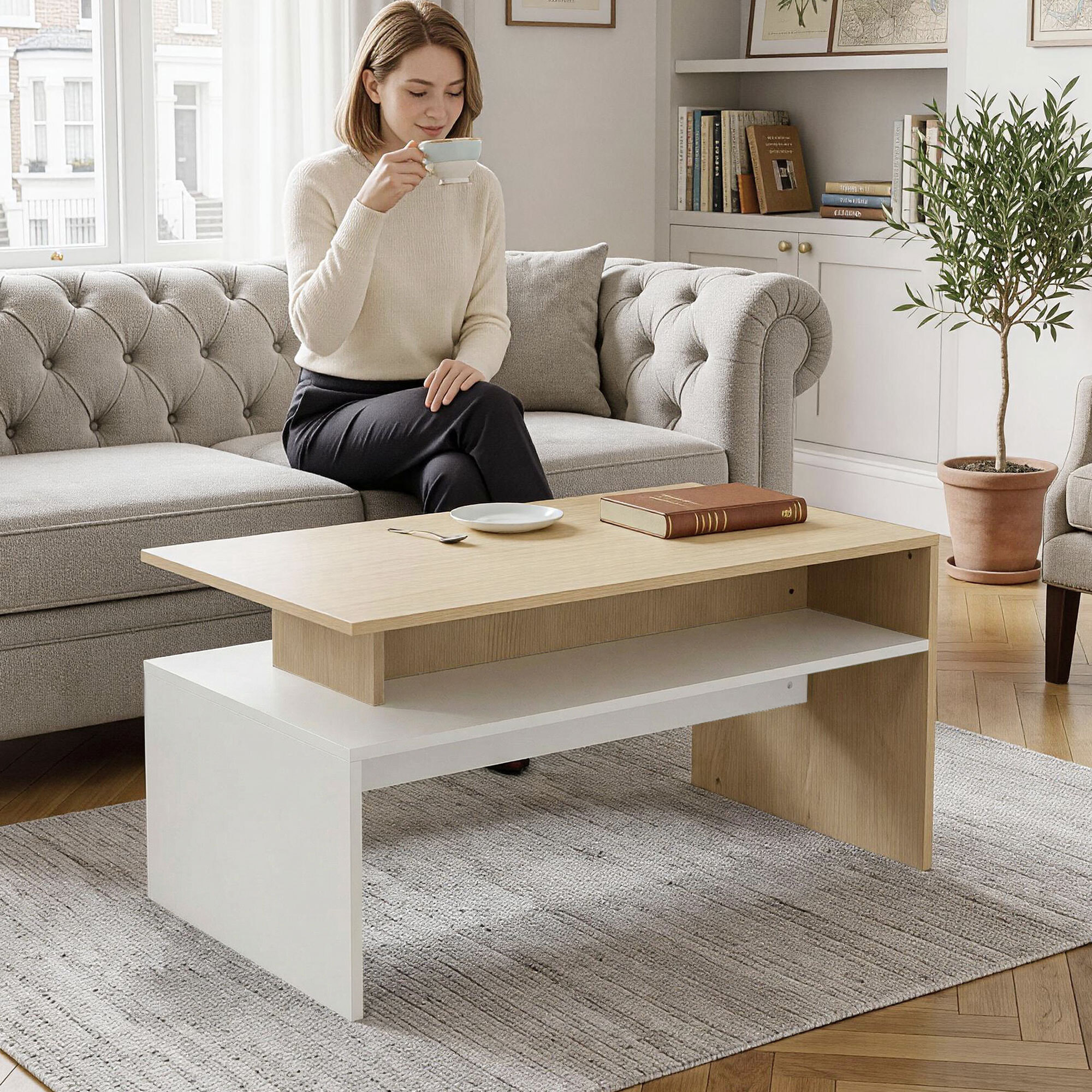Mesa de Centro Moderna, Mesa baja para Salón con Compartimento para Salón, Sala de Estar, 95x55x50 cm, Natural y Blanco